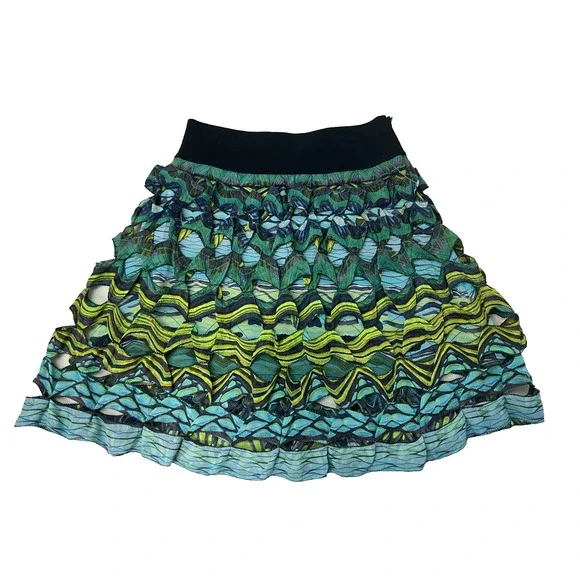 Diane von Furstenberg Gunita Mini Skirt Green Blue Open Work Wave Print SZ 4 - Picture 4 of 14